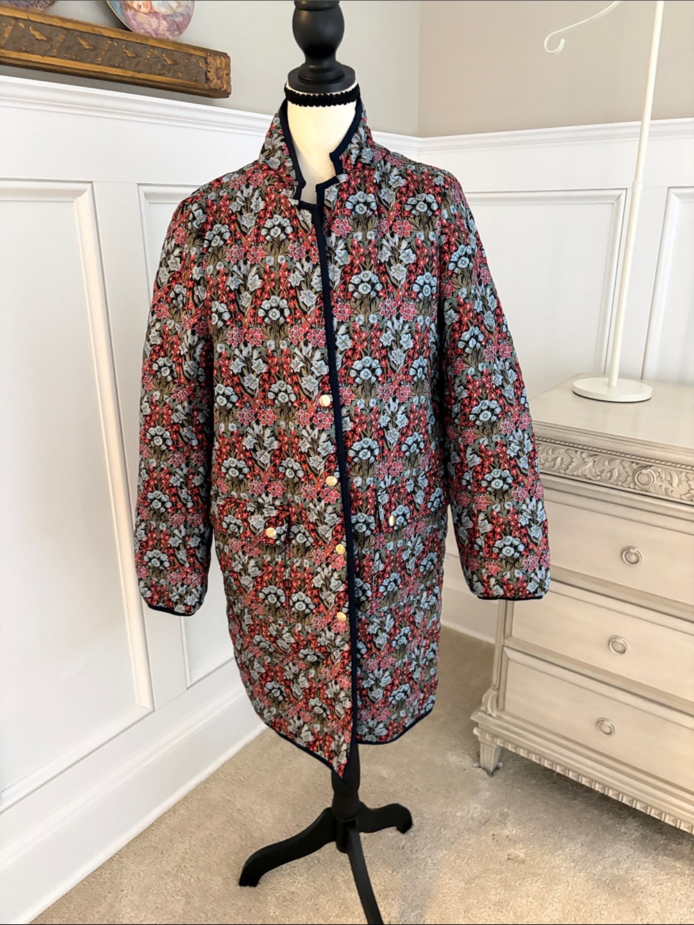 J. Crew Quilted Floral Puffer Jacket in Red and Black